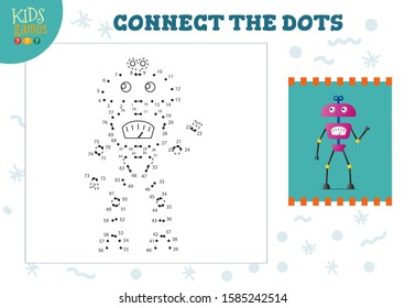 Connect The Dots Kids Mini Game Vector Illustration. Preschool Children Education Activity With Joining Dot To Dot And Drawing Funny Cartoon Monster Or Robot 