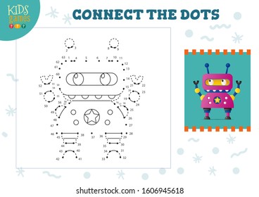 Connect The Dots Kids Mini Game Vector Illustration. Preschool Children Education Activity With Joining Dot To Dot And Drawing Funny Cartoon Monster Or Robot 