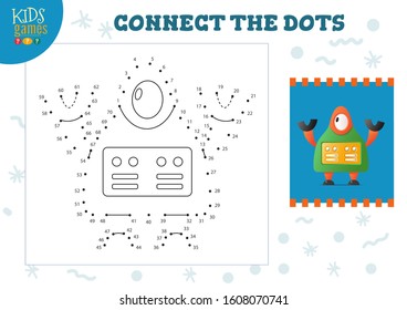 Connect the dots kids mini game vector illustration. Preschool children education activity with joining dot to dot and drawing funny cartoon monster or robot