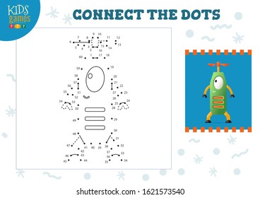 Connect The Dots Kids Mini Game Vector Illustration. Preschool Children Education Activity With Joining Dot To Dot And Drawing Funny Cartoon Monster Or Robot