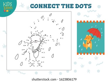 Connect the dots kids mini game vector illustration. Preschool children education activity with joining dot to dot and drawing funny cartoon fox