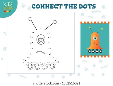 Connect the dots kids mini game vector illustration. Preschool children education activity with joining dot to dot and drawing funny cartoon monster or robot