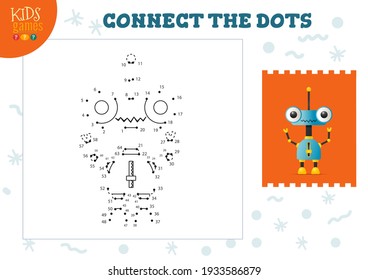 Connect the dots kids mini game vector illustration. Preschool children education activity with joining dot to dot and drawing funny cartoon monster or robot