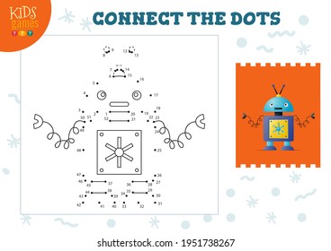 Connect The Dots Kids Mini Game Vector Illustration. Preschool Children Education Activity With Joining Dot To Dot And Drawing Funny Cartoon Monster Or Robot