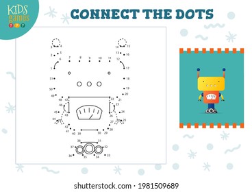 Connect the dots kids mini game vector illustration. Preschool children education activity with joining dot to dot and drawing funny cartoon monster or robot