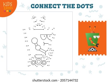 Conecte los puntos de los niños mini juego ilustración vectorial. Actividad educativa infantil preescolar uniendo punto a punto y dibujando divertido monstruo o robot de dibujos animados