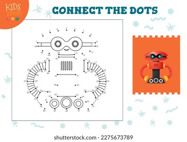 Connect the dots kids mini game vector illustration. Preschool children education activity with joining dot to dot and drawing funny cartoon monster or robot