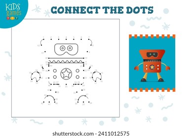 Schließen Sie die dots-Kinder Mini-Spiel Vektorgrafik. Erziehungsaktivität für Kinder im Vorschulalter mit dem Hinzufügen von Punkt zu Punkt und dem Zeichnen von lustigen Zeichentrickmonstern oder Robotern
