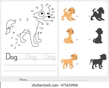 Connect Dots And Match Dog With Shadow - Worksheet For Education