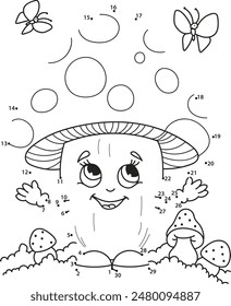 Connect the dots. Mushroom. Coloring page outline of the cartoon numbers game. Colorful vector illustration of educational dot to dot game for preschool children, summer coloring book for kids. 