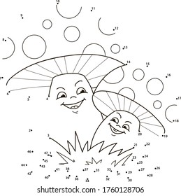 Connect the dots. Mushrooms. Coloring page outline of the cartoon numbers game. Colorful vector illustration of educational dot to dot game for preschool children, summer coloring book for kids. 