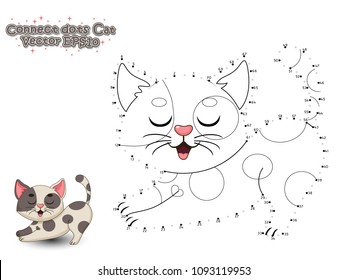 Connect The Dots And Paint Cute Cartoon Cat. Educational Game For Kids. Vector Illustration.