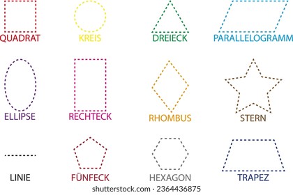 Connect dots and paint geometric figures with names on Deutch. Crack simple geometric figures with names. The main geometric figures with names on Deutch. Maths. We teach geometric figures. Illustrati