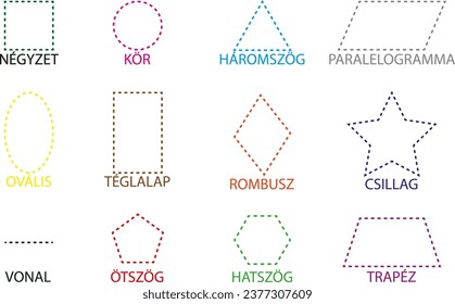 Connect dots and paint geometric figures with names on Hungarian. Translation: square circle triangle parallelogram oval rectangle rhombus star line pentagon hexagon trapezium