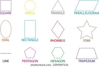 Connect dots and paint geometric figures with names on English. Crack simple geometric figures with names. The main geometric figures with names on English. Maths. We teach geometric figures. Illustra