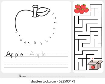 Connect dots and Pick apple box maze game - worksheet for education