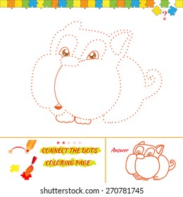 Connect the dots picture and coloring page. Puzzle for kids. Dog character. Answer included. Illustration of dog on isolated background. Eps 8