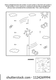 Connect the dots picture puzzle and coloring page with pinwheel. Answer included.