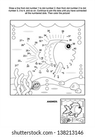 Connect the dots picture puzzle and coloring page, underwater life themed, with fish, seabed, algae, bubbles and little crab. Answer included. For high res JPEG or TIFF see image 138213149
