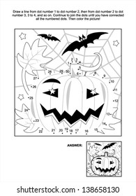 Connect the dots picture puzzle and coloring page - Halloween night scene with pumpkin, bats and spiderweb. Answer included. For high res JPEG or TIFF see image 138658133