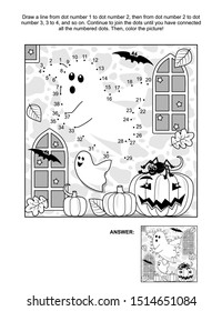 Connect the dots picture puzzle and coloring page - Halloween spooky ghost in a castle, pumpkins, bats, Jack-o-lantern. Answer included.