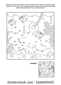 Connect the dots picture puzzle and coloring page, underwater life themed, with anchor, fish, seabed, algae. Answer included.