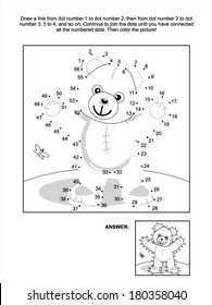 Connect The Dots Picture Puzzle And Coloring Page - Teddy Bear. Answer Included. 