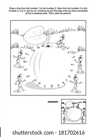 Connect the dots picture puzzle and coloring page - apple and ants. Answer included. 