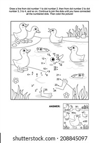 Connect the dots picture puzzle and coloring page with ducklings and fish at the pond. Answer included. 