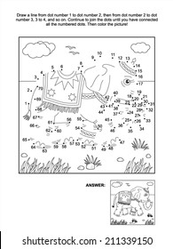 Connect the dots picture puzzle and coloring page with walking elephant. Answer included. 