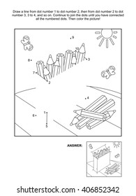 Connect the dots picture puzzle and coloring page with box of colored pencils. Answer included.
