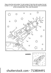 Connect the dots picture puzzle and coloring page, space exploration themed, with rocket, or spaceship, stars, earth. Answer included.
