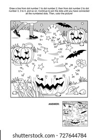 Connect the dots picture puzzle and coloring page - Halloween scene with witch hat, pumpkins, bats, and young witch legs. Answer included.
