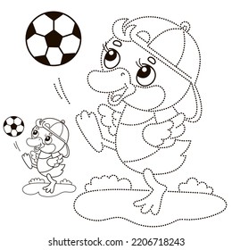 Connect the dots picture. Puzzle for kids. Coloring Page Outline Of cartoon duck or duckling with soccer ball. Football. Sport. Coloring book for children. 