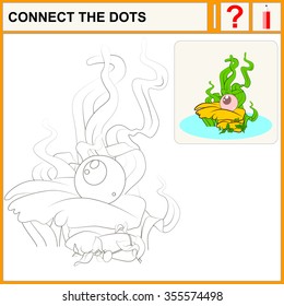 Connect the dots, preschool exercise task for kids,  luxury pink pearl in the oyster. Vector isolated.
