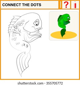 Connect the dots, preschool exercise task for kids, cute exotic coral fish. Vector isolated.

