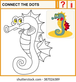 Connect the dots, preschool exercise task for kids Tropical sea horse  the sad swimming. Sign horsefish.