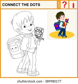 Connect the dots, preschool exercise task for kids. Cute brown-haired boy with a satchel and a bunch of flowers his arm walking to school.