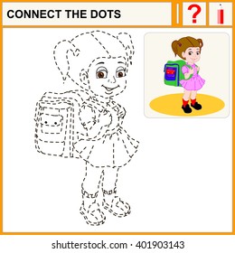 Connect the dots, preschool exercise task for kids. Cute brown-haired girl with a satchel and his arm walking to school.