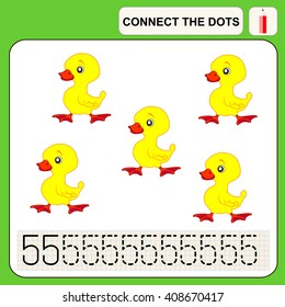 Connect the dots, preschool exercise task for kids, numbers. Duck.