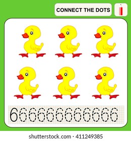 Connect the dots, preschool exercise task for kids, numbers. Duck.