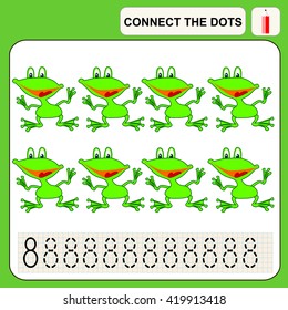 Connect the dots, preschool exercise task for kids, numbers. Frog.
