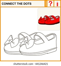 Connect the dots, preschool exercise task for kids. Picture rhubarb stalks harvested and vector isolated. Baby shoes. Red shoes.