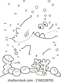 Connect the dots. Shark. Coloring page outline of the cartoon numbers game. Colorful vector illustration of educational dot to dot game for preschool children, summer coloring book for kids. 