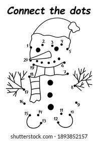 Connect the dots snowman children game vector. Funny educational game to learn numbers from 1 to 20. Winter season cartoon character with scarf and hat vertical printable worksheet. One of a series