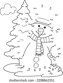 Connect the dots. Snowman. Coloring page outline of the cartoon numbers game. Colorful vector illustration of educational dot to dot game for preschool children, winters coloring book for kids. 