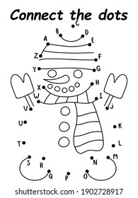 Connect the dots snowman stock vector illustration. Funny smiling snowman dressed in hat, mittens and scarf activity page for kids. Learn English alphabet black and white printable worksheet for kids