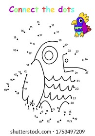 Connect the dots stock vector illustration. Cartoon parrot dot to dot puzzle for kids. Learning numbers and counting to 50 preschool activity. Funny pirate pet game workksheet. Kindergarten coloring.