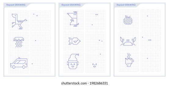 Connect dots with straight lines and draw icon. Worksheet for children coloring book. Repeat the image by example. Educational game for attention for children of kindergarten and preschool age.