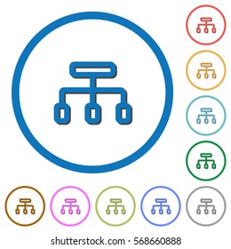 Connect flat color vector icons with shadows in round outlines on white background